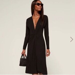 REFORMATION Carter Midi Plunge Deep V-neck Black Dress